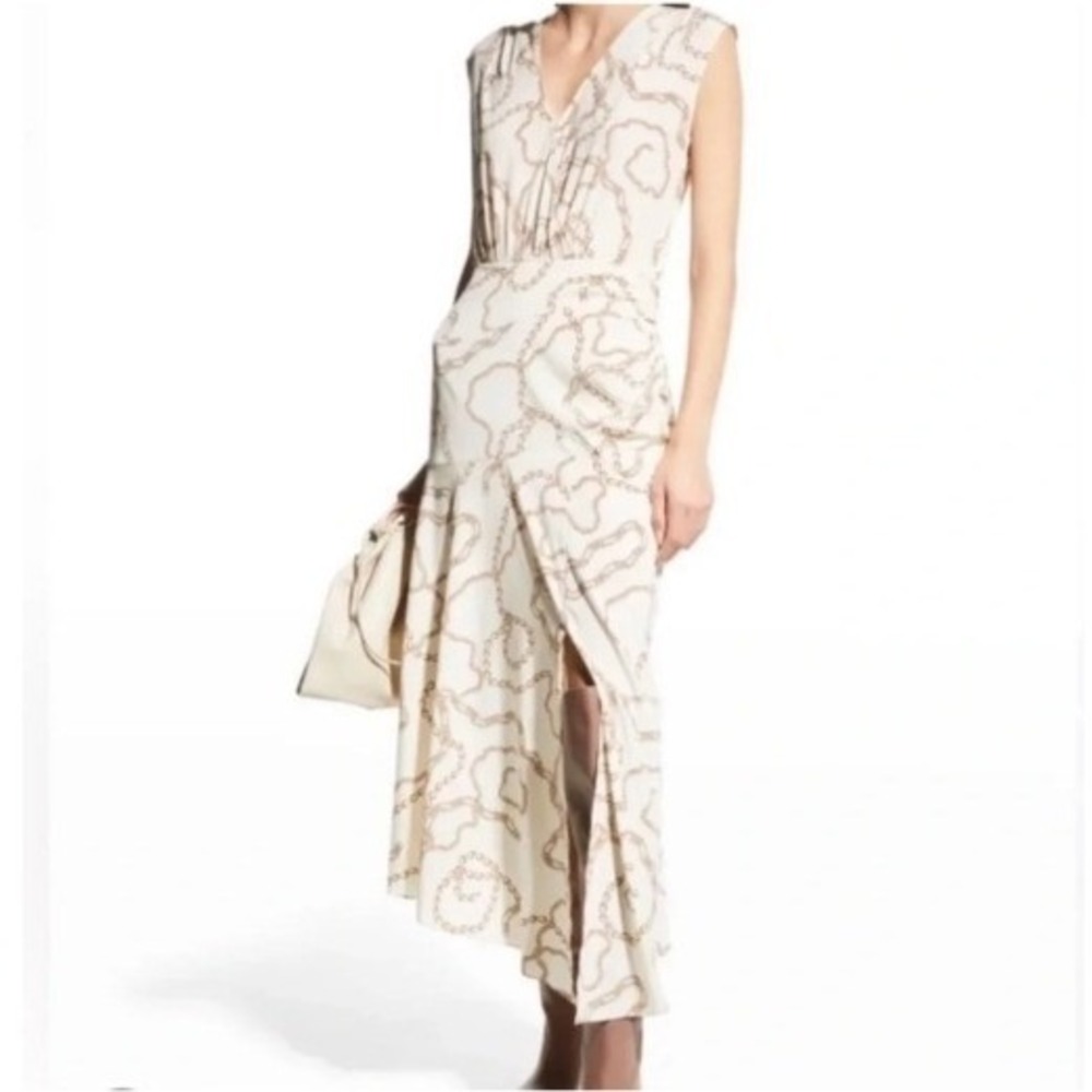 Veronica Beard Wixson Dress Womens 10 Ivory Chain Print Silk Asymmetrical Midi